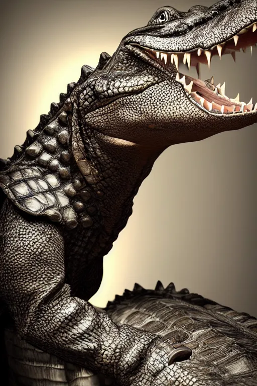 Image similar to a alligator wearing a formal overcoat, portait photo profile picture, hyperrealistic concept art, octane render, unreal engine 5, digital art hi