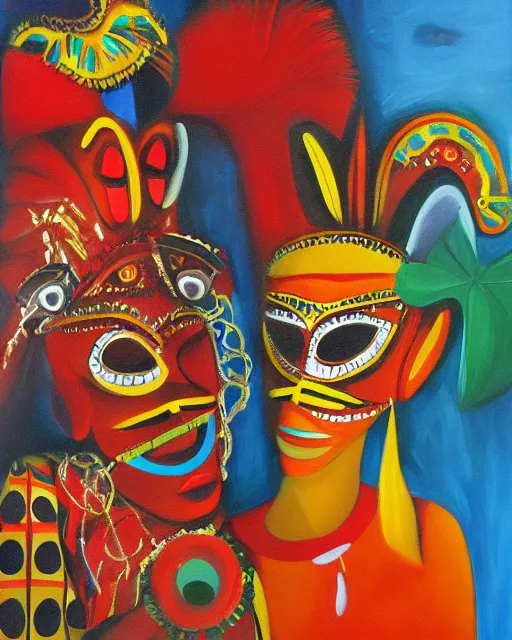 Image similar to Burkina Faso masquerade, painting by Toni Toscani, oil on canvas