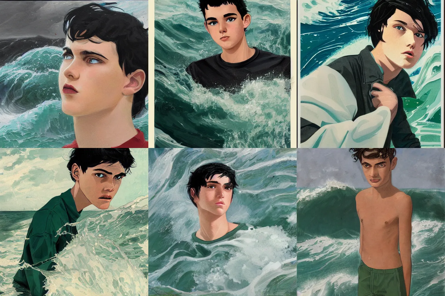 Prompt: a teenage boy with black hair and sea green eyes standing in the eyes of a Hurricane as waves and water crash around him by Austin Briggs, WLOP Semi realistic