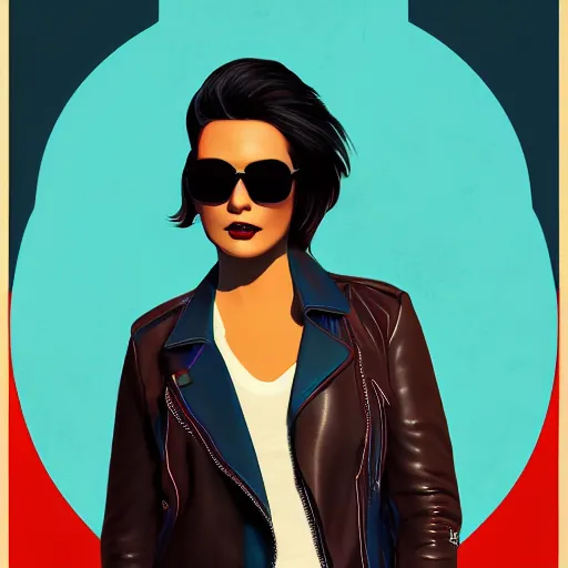 Image similar to A woman with Light blue aviators Brown hair Shaved one side haircut Mexican descent setting wearing a Leather jacket, digital art, Synthwave, retro, high quality, 4k, detailed.