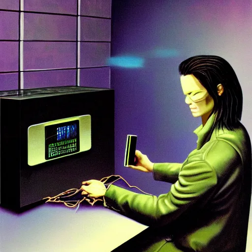 Prompt: painting of neo hacking into a safe, the matrix, jim burns