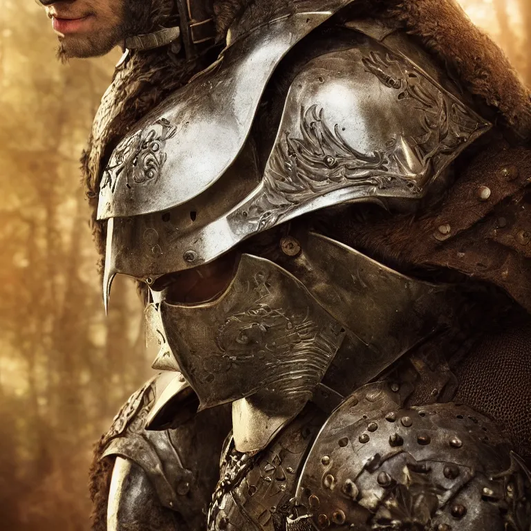 Image similar to armoured male warrior, in a fantasy forest, medieval style, highly detailed, smooth, sharp focus, character portrait, portrait, close up, concept art, intricate details, medieval poster, 8 k. lifelike. soft light. nikon d 8 5 0