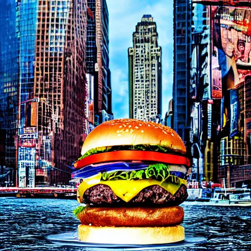 Image similar to giant delicious burger and fries splashes into New York city river, mind-bending digital art, macro photography 25mm, hollywood movie cinematic helicopter view