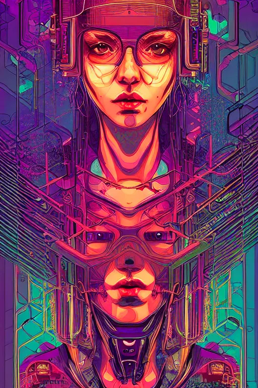 Image similar to dreamy cyberpunk girl, abstract mirrors, digital nodes, beautiful woman, detailed acrylic, grunge, intricate complexity, by dan mumford and by alexandros pyromallis intaglio