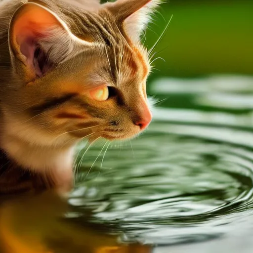 Prompt: Cat with angel wings drinking from a pond, digital artstyle drawn, trending on fiverr, 40nm lens, shallow depth of field,