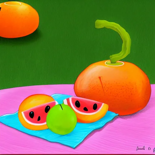 Prompt: a cartoon of a watermellon and an orange having a picnic. digital art. children's book illustration