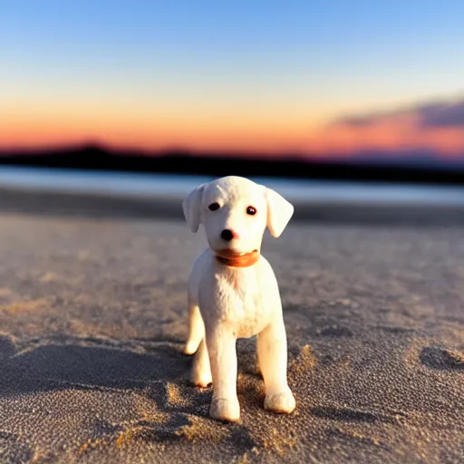 Prompt: a miniature white puppy action figure in the sand, with sunset, photo realistic, well detailed