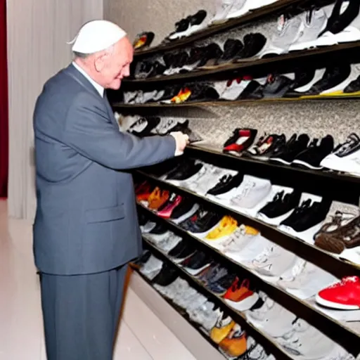 Image similar to john paul ii admiring a yeezy shoe sneaker which he holds in his hands