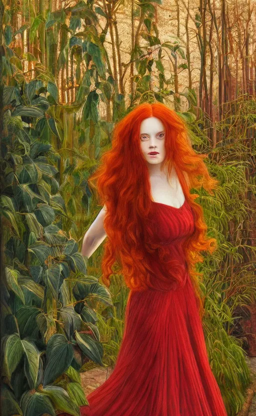 Image similar to portrait of a woman with long red hair, very beautiful style, girl standing, in a gold dress, photorealism, against a winter garden, vanya comoretti,