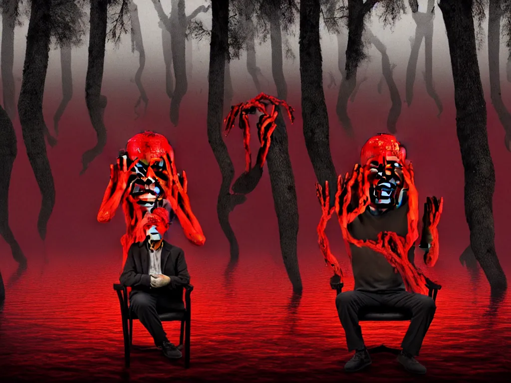 Image similar to a portrait of a man with five heads, twelve arms, sitting on chair made of human limbs, the chair is floating in a lake of blood, around the lake are melting trees, the man's limbs are merging with the trees, digital art, hyperrealistic nightmare scene, supernatural, highly detailed, creepy, terrifying