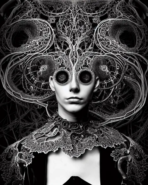 Image similar to surreal dark poetic black and white photo portrait of complex bio-mechanical beautiful young silver female vegetal-cyborg with a Mandelbrot fractal steampunk metal fine lace face, a very long neck and a fine metal floral foliage super big lace collar by Alexander McQueen:: smoke, high fashion, haute couture, rococo, steampunk, silver filigree details, anatomical, facial muscles, cable wires, microchip, elegant, dreamy, foggy atmosphere, hyper realistic, 150 mm lens, soft rim light, octane render, unreal engine, picture was taken in 1910 by Man Ray, volumetric lighting, dramatic light,8k,