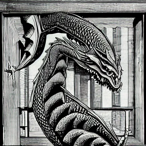 Prompt: woodcut of a vintage photo of a fractal dragon by escher, by piranesi