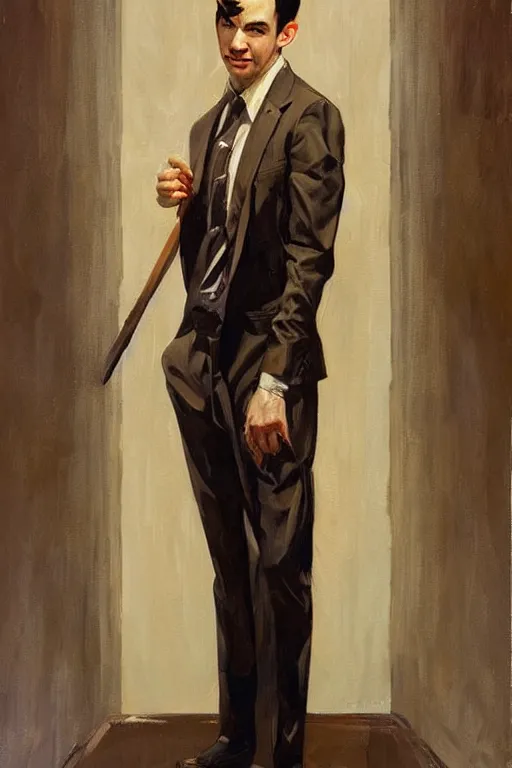 Image similar to nathan fielder, painting by jc leyendecker!! phil hale!, angular, brush strokes, painterly, vintage, crisp