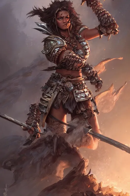 Prompt: Female barbarian, heavy brown metallic armor, beautiful, light brown messy hair, dark skin, brown eyes, detailed face, battle stance, high fantasy, extremely detailed, alone, DND, D&D, matte painting, by wlop and peter mohrbacher