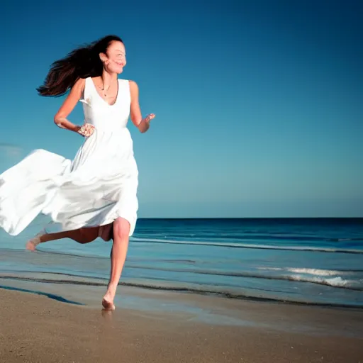 Prompt: dark haired woman in a white dress running on the beach