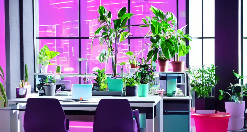 Prompt: IKEA catalogue photo, modern office space, retro future style furniture, cyberpunk style neon lighting, lush plant life, cityscape in the window, Purple, Teal, Mint, Pink, Orange