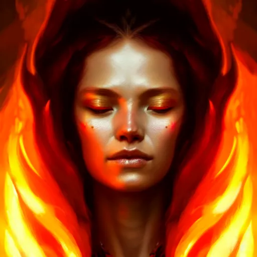 Image similar to a beautiful portrait of a fire goddess with closed eyes by Greg Rutkowski and Raymond Swanland, Trending on Artstation, Flaming Background, ultra realistic digital art