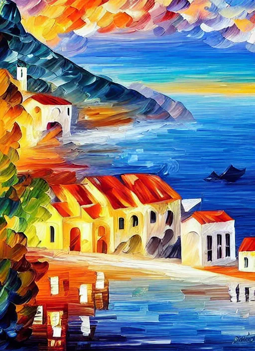 Image similar to beautiful seaside greek village in the style of leonid afremov