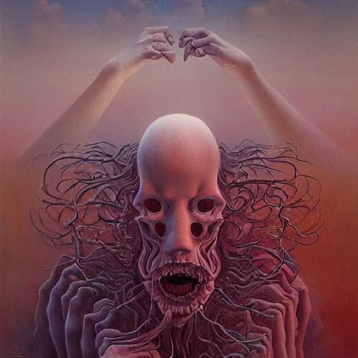 Image similar to an amazing masterpiece of art by gerald brom, zdzisław beksinski, crazed