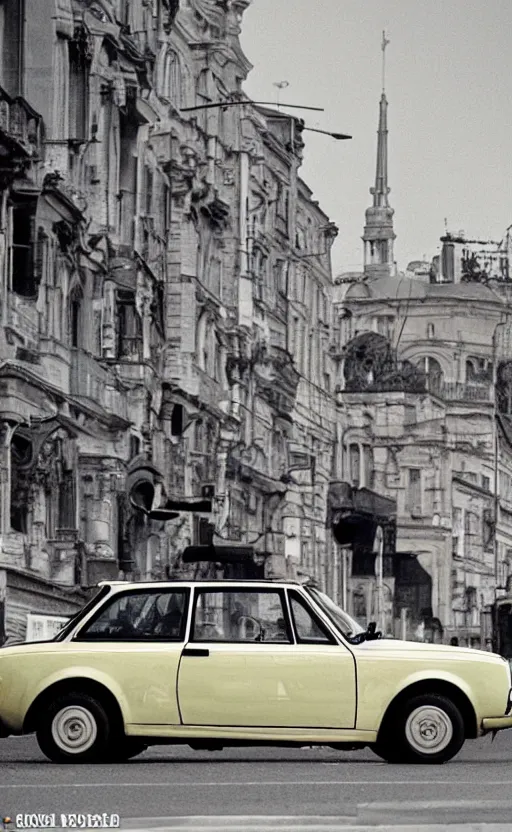 Prompt: vaz 2101 fiat 124 in east European city. Film poster. Epic cinematic