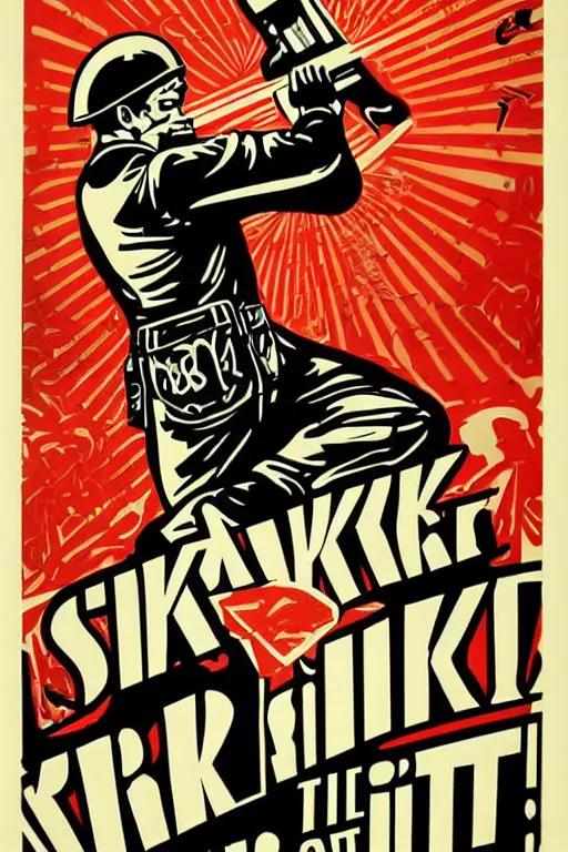Image similar to strike while the iron is hot propaganda screen printing poster, art style wwii posters, shepard fairey, obey, street art, iconic, masterpiece, ornate and hyper detailed