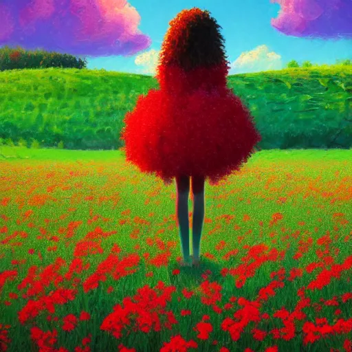 Image similar to large red flowers afro, full body, girl standing in the middle of a field with flowers, surreal photography, hills, sunrise dramatic light, impressionist painting, colorful clouds, digital painting, pointillism, artstation, simon stalenhag