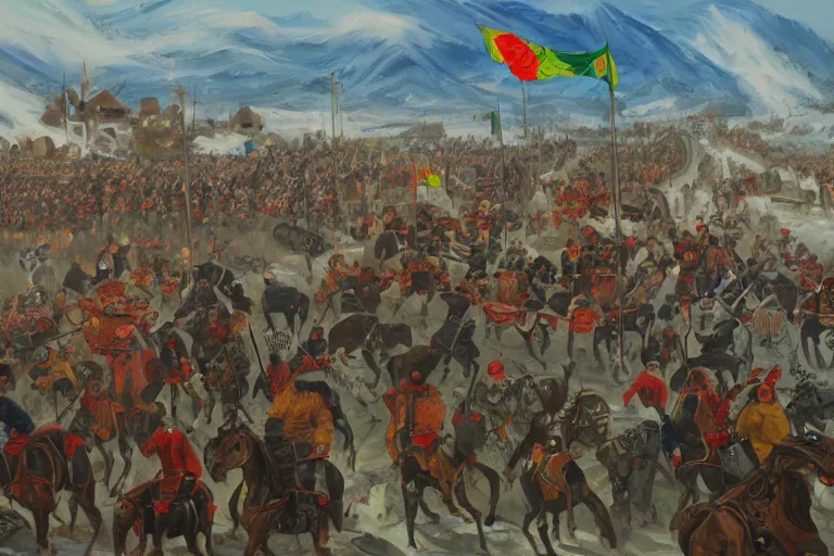 Image similar to painting of the balkan tatars invading a city in arctic bulgaria, oil on canvas