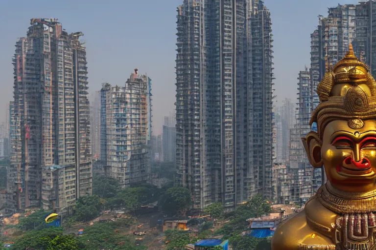 Prompt: high quality 3 d cyberpunk biomorphic hanuman head building in the middle of mumbai!!, kalighat highly detailed, cinematic smooth, stephen shore & john j. park, soft morning light, wide shot, high angle, uhd 8 k, deep focus