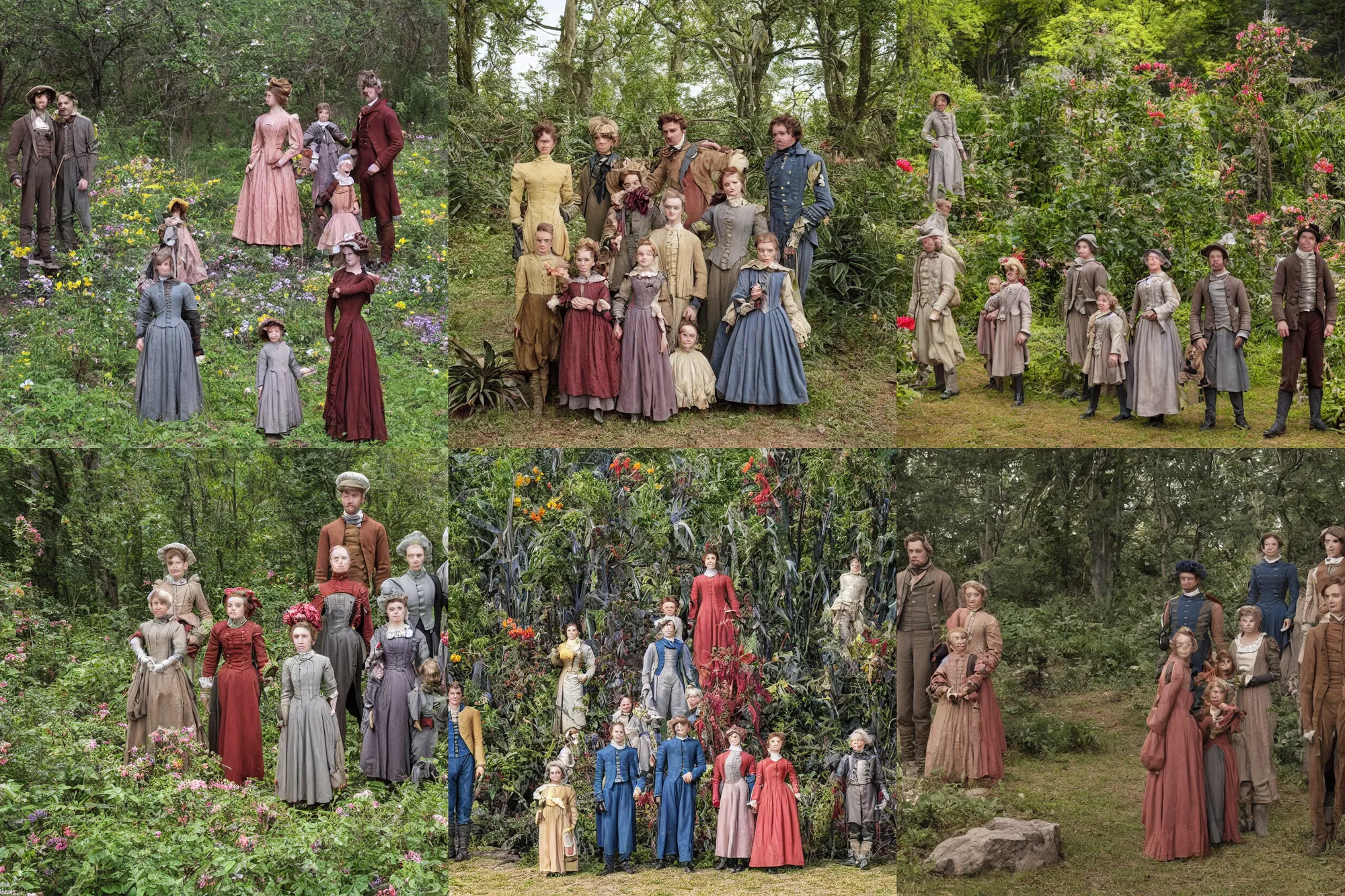 Prompt: sharp, detailed, 256k film, 17500mm film still from a sci fi blockbuster color movie made in 2019, set in 1860, of a family standing in a park, next to some strange alien plants and flowers, on an alien planet, the family are all wearing 1860s era clothes, good lighting, enhanced faces, 700mm f/1.4L lens