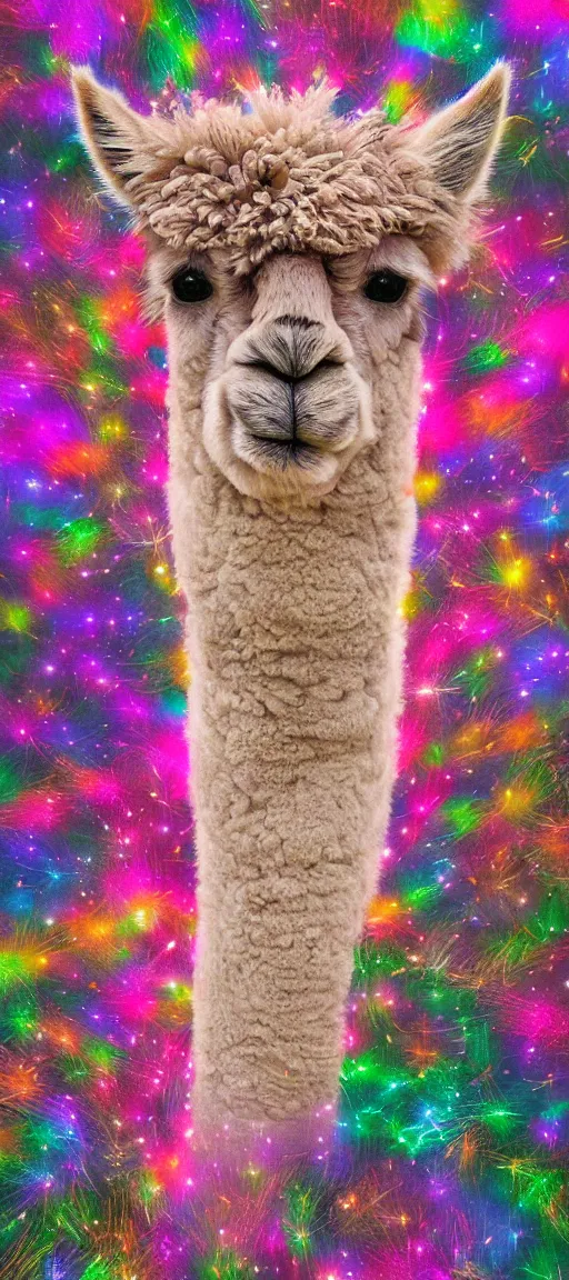 Prompt: digital artwork of an alpaca in the forest of pastel feathers lit by small fireflies at night