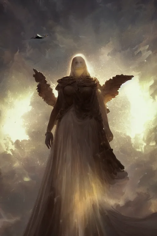 Image similar to godess of artificial intelligence floating above the planet earth, sharp focus, god rays, volumetric light, by greg rutkowski, by greg manchess, by wayne barlowe, by emil melmoth, cinematic, light from above, cinematic shot,