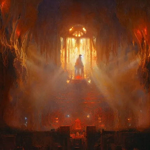 Image similar to a chapel's ceiling is broken in half as a red magical portal from hell opens up there. highly detailed painting by gaston bussiere, greg rutkowski, craig mullins 8 k