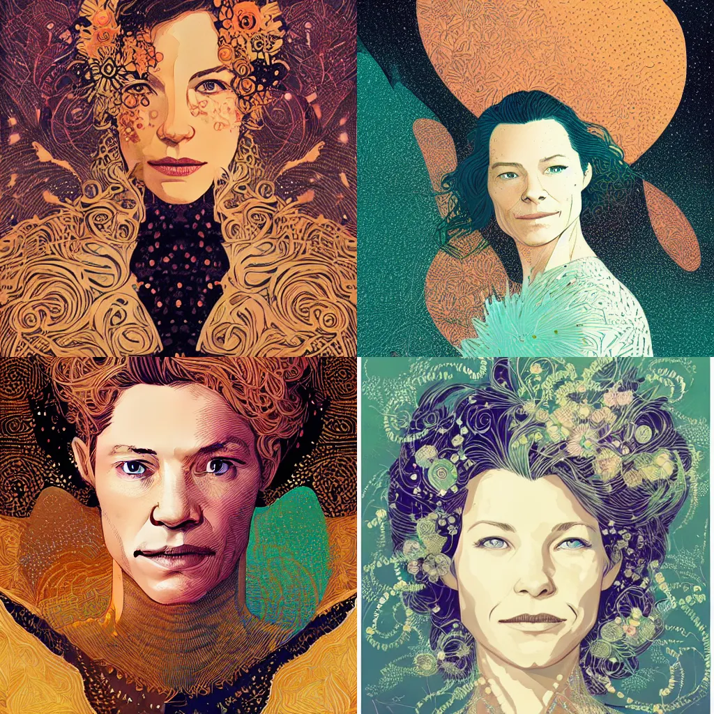 Prompt: beautiful portrait of Evangeline Lilly in the style of Victo Ngai