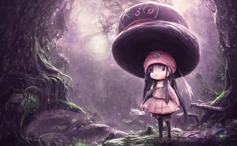 Image similar to cute little girl with an long black hair wearing an mushroom hat in the dark forest next to a sinister monster, cute artwork, clean detailed art, inspired by made in abyss, detailed background, fantastic world