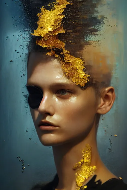 Prompt: 3 d, close - up, sleepy fashion model, rat ears, liquid gold and black water, sleepy fashion model, morning, sun rays, vogue cover style, poster art, hyper detail, intricate oil painting, multiple exposure, morning mood, 3 d, by tooth wu and wlop and beeple and greg rutkowski