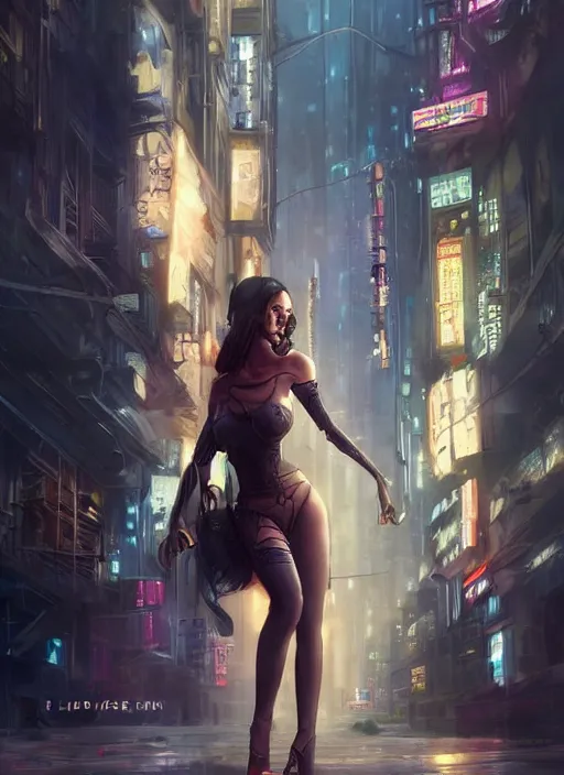 Prompt: a beautiful woman walking through a cyberpunk city, full body, realistic, highly detailed, science fiction portrait by laura sava