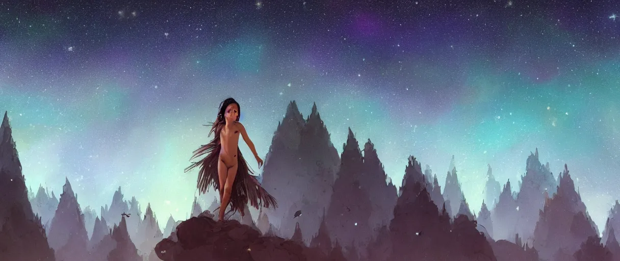 Prompt: digital photography of a ultra detailed night sky with constellations, detailed very beautiful native American girl with short hair swimming in a blue pool, Perseides meteor shower, ultra detailed hill top over behind a forest, large mountains in back, concept art, low angle, high detail, warm lighting, volumetric, vivid, beautiful, trending on artstation, by Jordan Grimmer, no focus, huge scene, ultra detailed trees, F11 aperture, in the style of JIM RICHARDSON