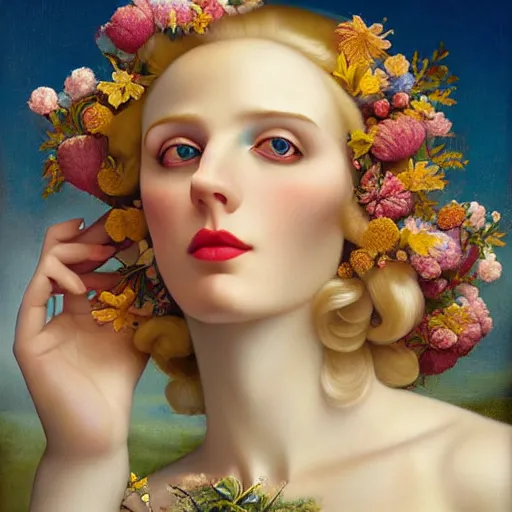 Image similar to dynamic composition, shy woman with blonde hair full of spring flowers wearing ornate earrings, ornate gilded details, pastel colors, a surrealist painting by tom bagshaw and jacek yerga and tamara de lempicka and jesse king, wiccan, pre - raphaelite, featured on cgsociety, pop surrealism, surrealist, dramatic lighting