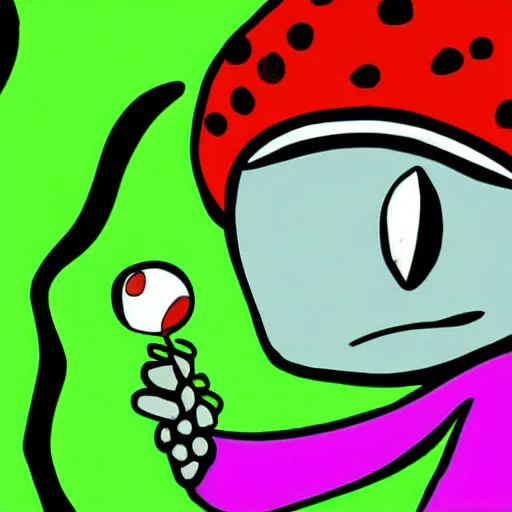 Image similar to an artwork depicting a cartoon ladybug smoking a joint, green background