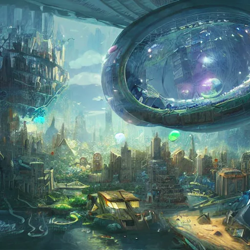 Image similar to a bubble terrarium utopia, with cities galore, dynamic lighting, fantasy concept art, trending on art station, stunning visuals, creative, cinematic, ultra detailed