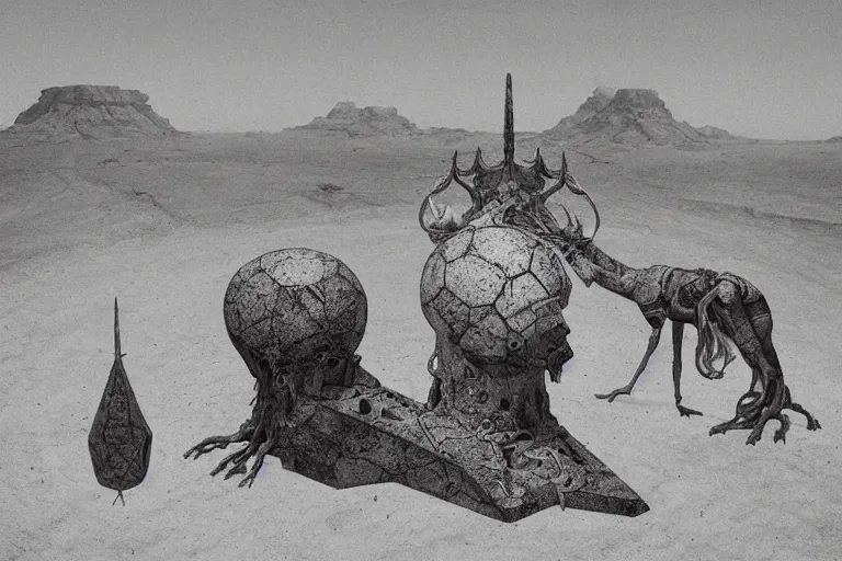 Prompt: pagan cyberpunk occult scifi weird strange convoluted sacred geometry altar monument statue in the middle of the desert, abandoned, mysterious, paranoid atmosphere, minimalistic, painting by beksinski, dali, bosch, escher, carrington, barlowe, moebius, frazetta