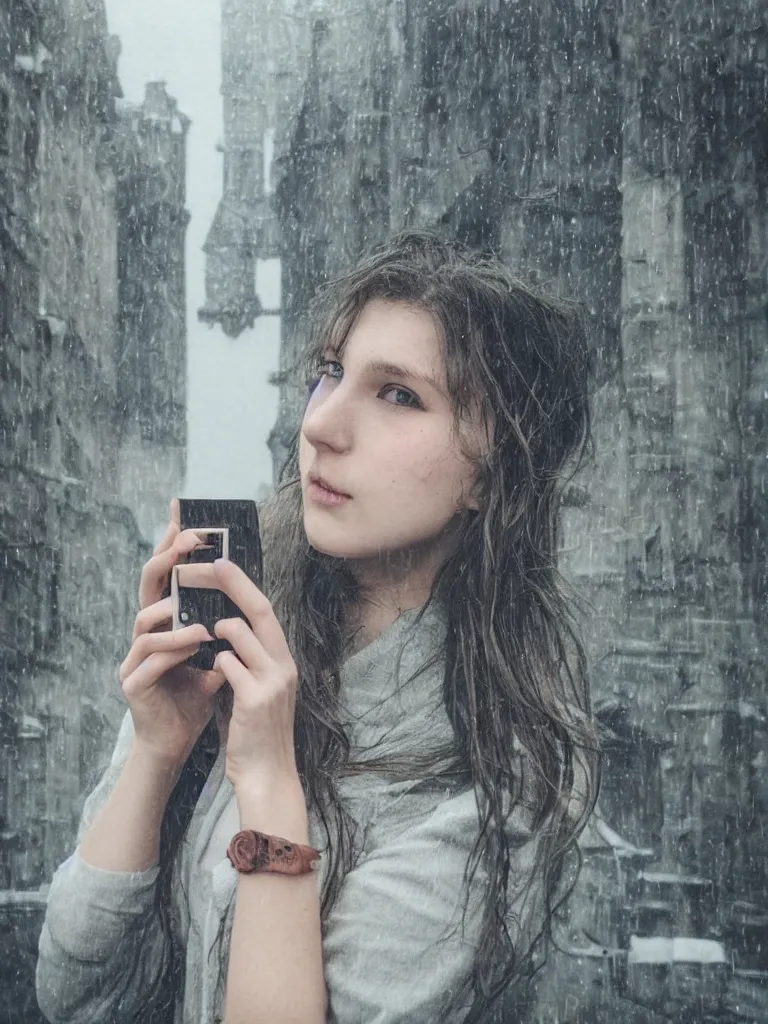 Image similar to cute annie leonhart taking a selfie with her iphone, dunwall city, beautiful face, natural lighting, rainy weather, gothic architecture, natural reflections, model agency, instagram photo, depression atmosphere, shot on iphone 1 3 pro, natural beauty, postprocessing