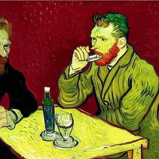 Image similar to van gogh drinking absinthe in a cafe, in the style of van gogh