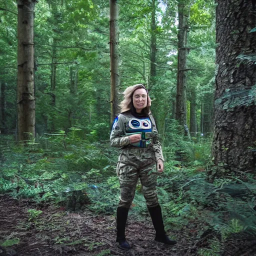 Image similar to a female space scout wearing a camo uniform with white armor exploring a forest planet