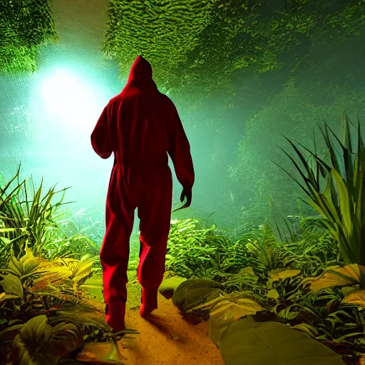 Image similar to a man wearing a hazmat suit, walking through a lush jungle, at night, red glow, unreal engine 5, ray traced, god rays, extremely high detail