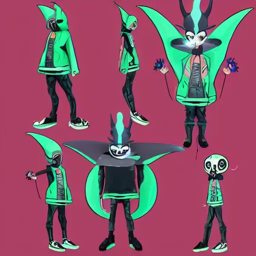 Prompt: character design sheets for a fashionable nonbinary icon wearing a large gothic manta ray costume, sells empty spray paint cans as a scam and is always covered in paint, always acting decidedly shady, designed by splatoon nintendo, inspired by tim shafer psychonauts 2 by double fine, professional art