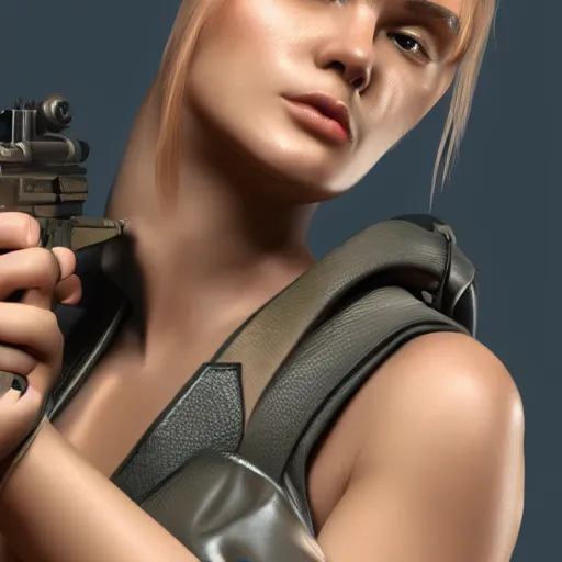 Prompt: a close up portrait of a female holding a gun, trending on artstation, artstationhd, artstationhq, cycles render, octane render, unreal engine, vray