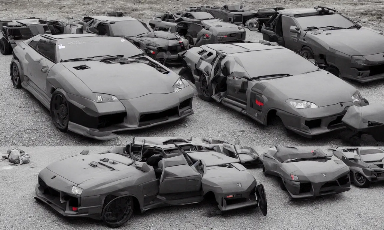 Prompt: a millitary vehicle made from lamborghini + r 3 4 + supra + benz + honda civic