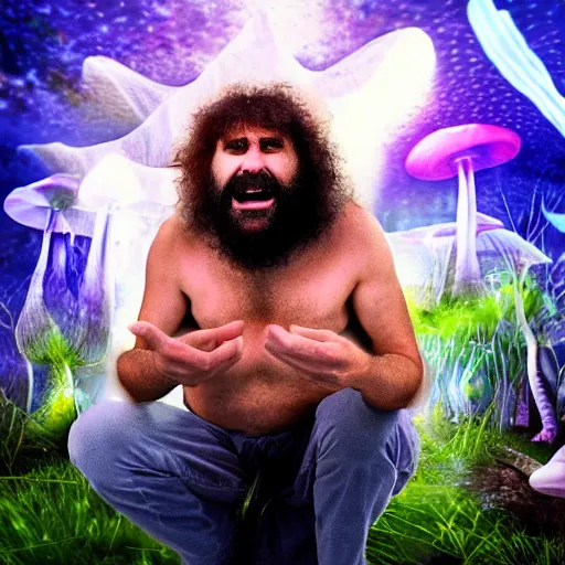 Image similar to caveman discovering magic mushrooms for the first time. 8 k photograph