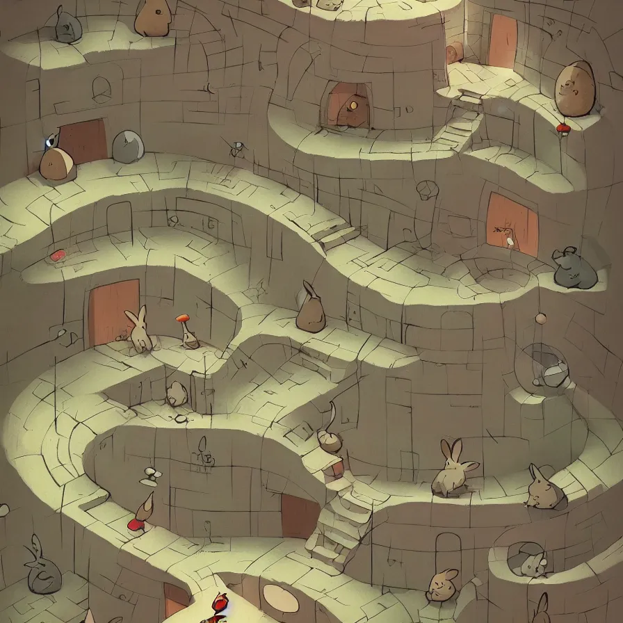 Prompt: Goro Fujita illustrating View of the house of an underground rabbit, with all the labyrinths that communicate with each other, art by Goro Fujita, ArtStation